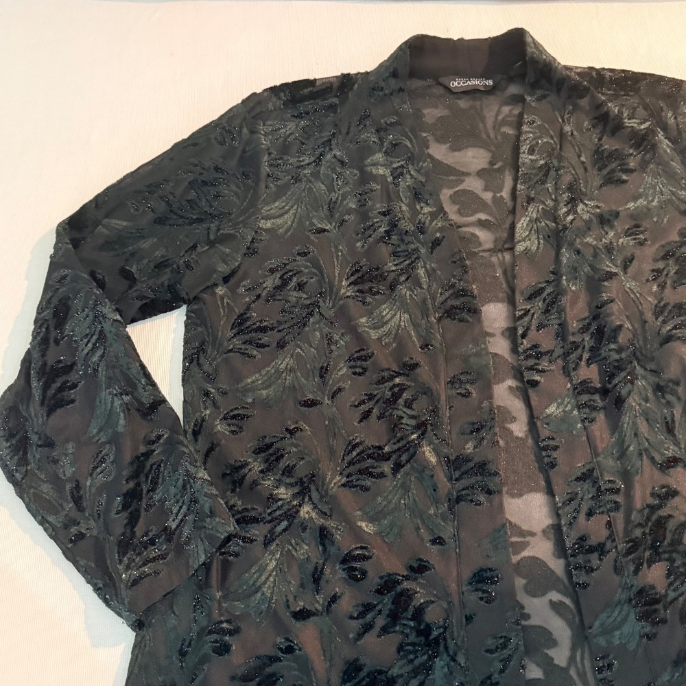 Susan Graver Occasion Cardigan MP Black Velvet Burnout Glitter Open Front Kimono - Picture 13 of 16